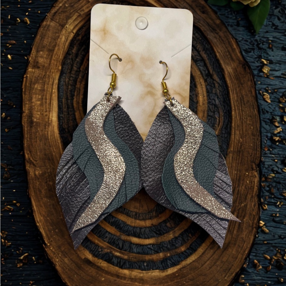 Leather Gold,Brown and Green Earrings